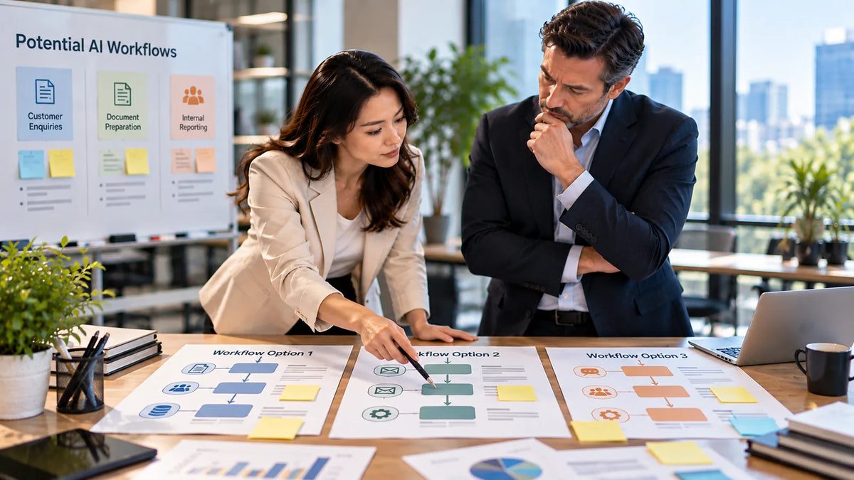 Business team evaluating workflows for a controlled AI pilot