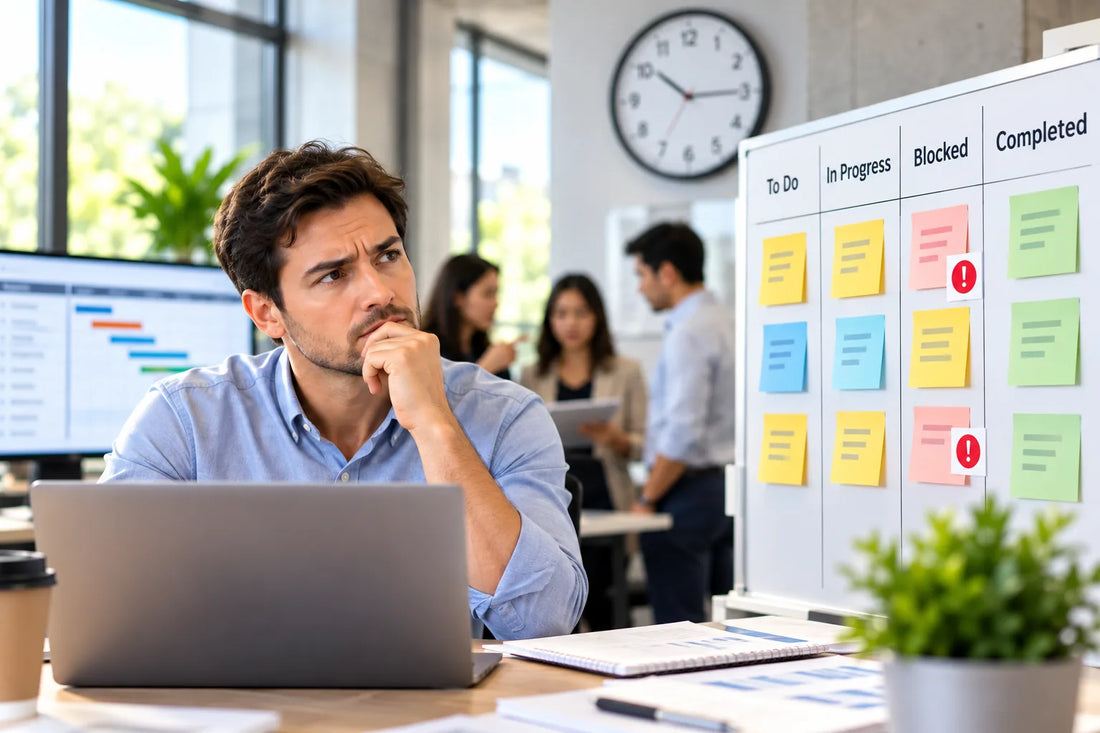 Project manager reviewing blocked work and project progress