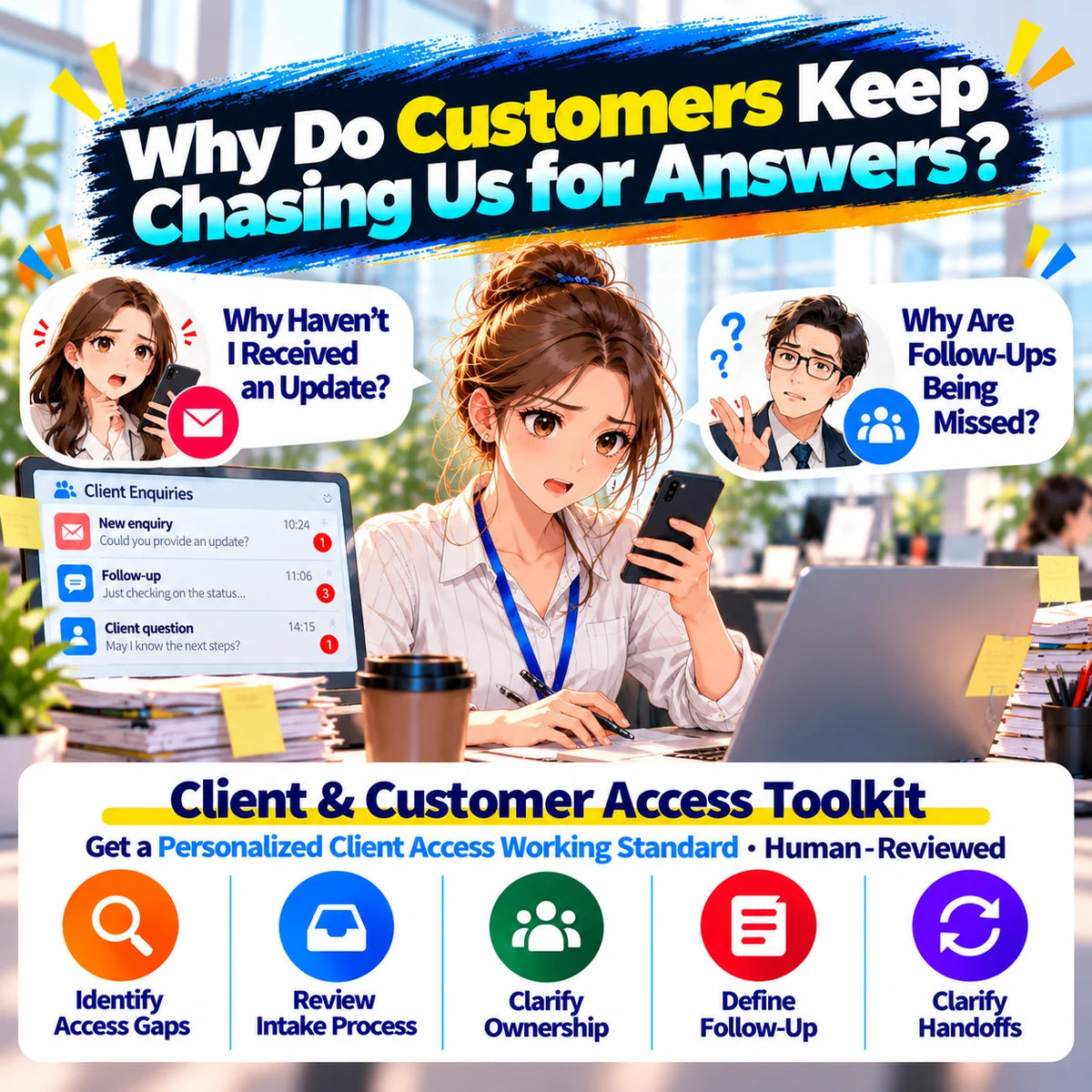 ORCENVA Client & Customer Access Toolkit – illustrated customer service coordinator managing enquiries, missed follow-ups and client communication gaps.