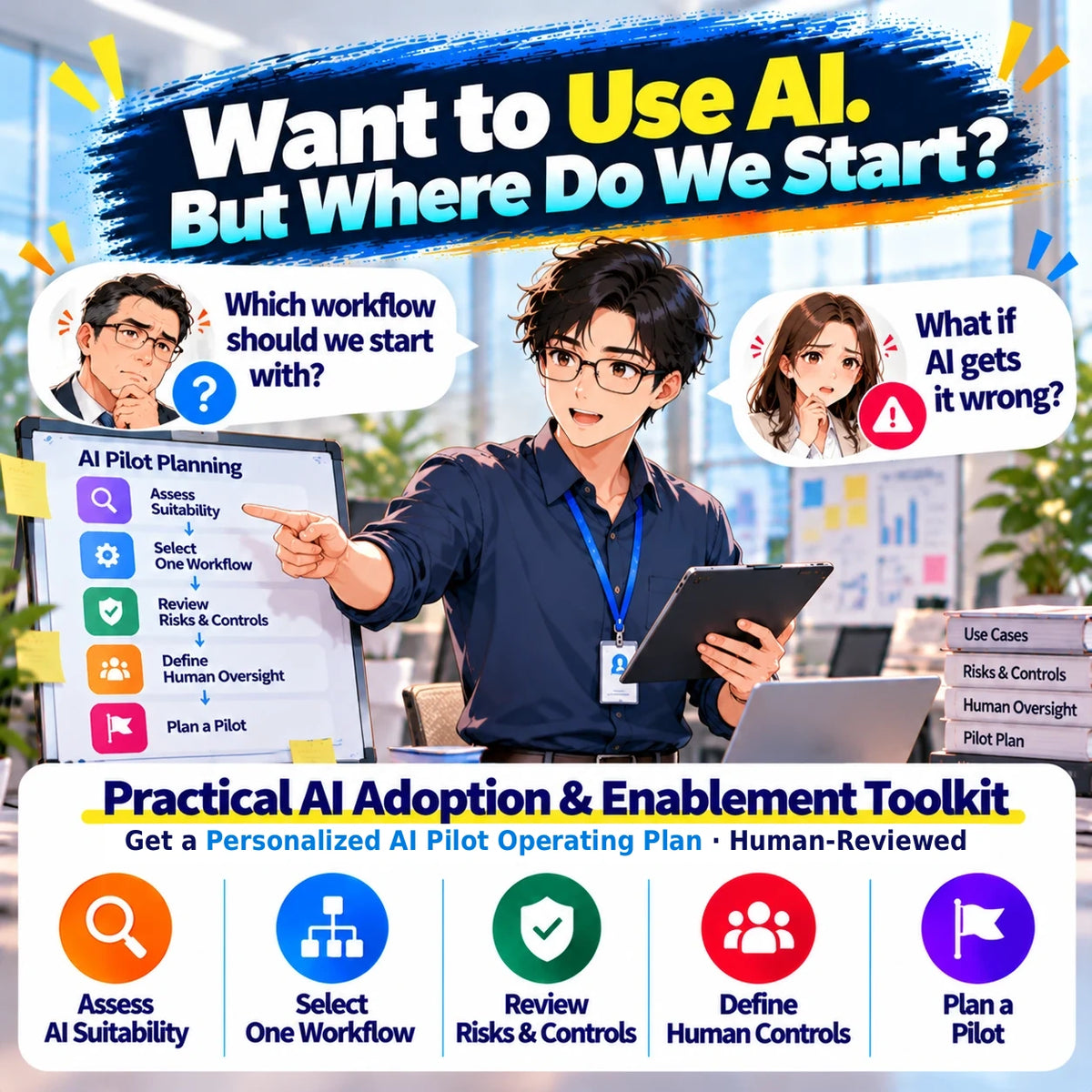 ORCENVA Practical AI Adoption & Enablement Toolkit – illustrated manager reviewing AI suitability, workflow selection, risks and a practical AI pilot plan.