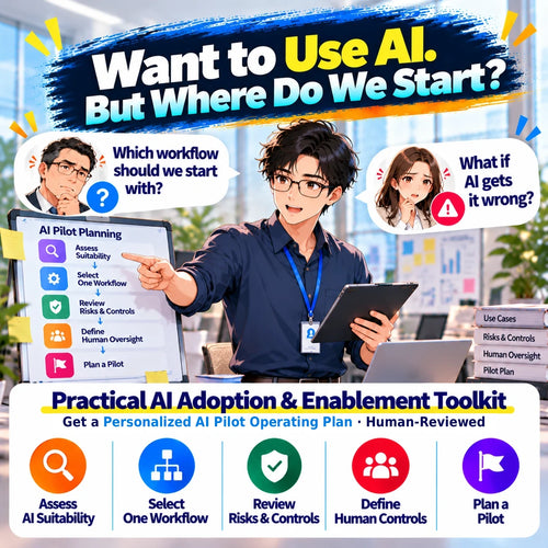 ORCENVA Practical AI Adoption & Enablement Toolkit – illustrated manager reviewing AI suitability, workflow selection, risks and a practical AI pilot plan.