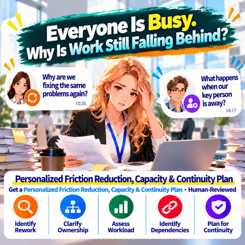 ORCENVA Operational Friction, Capacity & Continuity Toolkit – illustrated operations manager facing repeated work, workload pressure and key-person dependency.