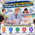 ORCENVA Project Delivery & Execution Toolkit – illustrated project manager reviewing delayed decisions, unclear ownership, dependencies and delivery risks.