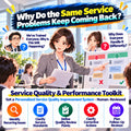 ORCENVA Service Quality & Performance Toolkit – illustrated quality manager reviewing recurring service issues, inconsistent standards and corrective actions.